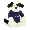 Hot Bashful Black & Cream Puppy with Personalised Navy Jumper