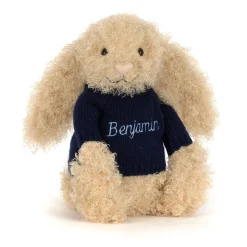 Online Bashful Luxe Bunny Curly with Personalised Navy Jumper