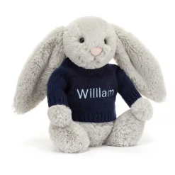 New Bashful Silver Bunny with Personalised Navy Jumper