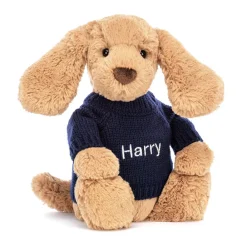 Discount Bashful Toffee Puppy with Personalised Navy Jumper